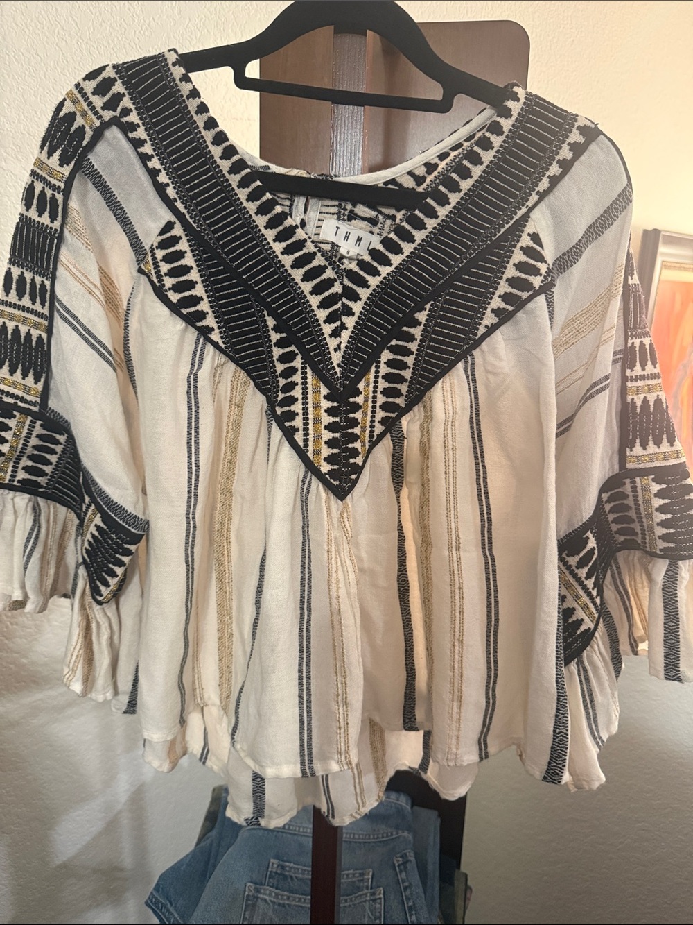 THML Cream Black Striped Embroidered Peasant Tunic